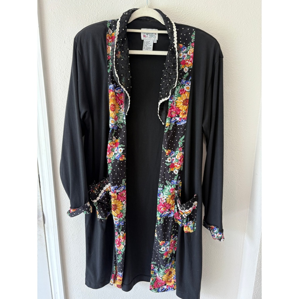 Vintage Lacy Afternoon Shell Kepler Floral Polka Dot Lace Pearl Trim Robe L